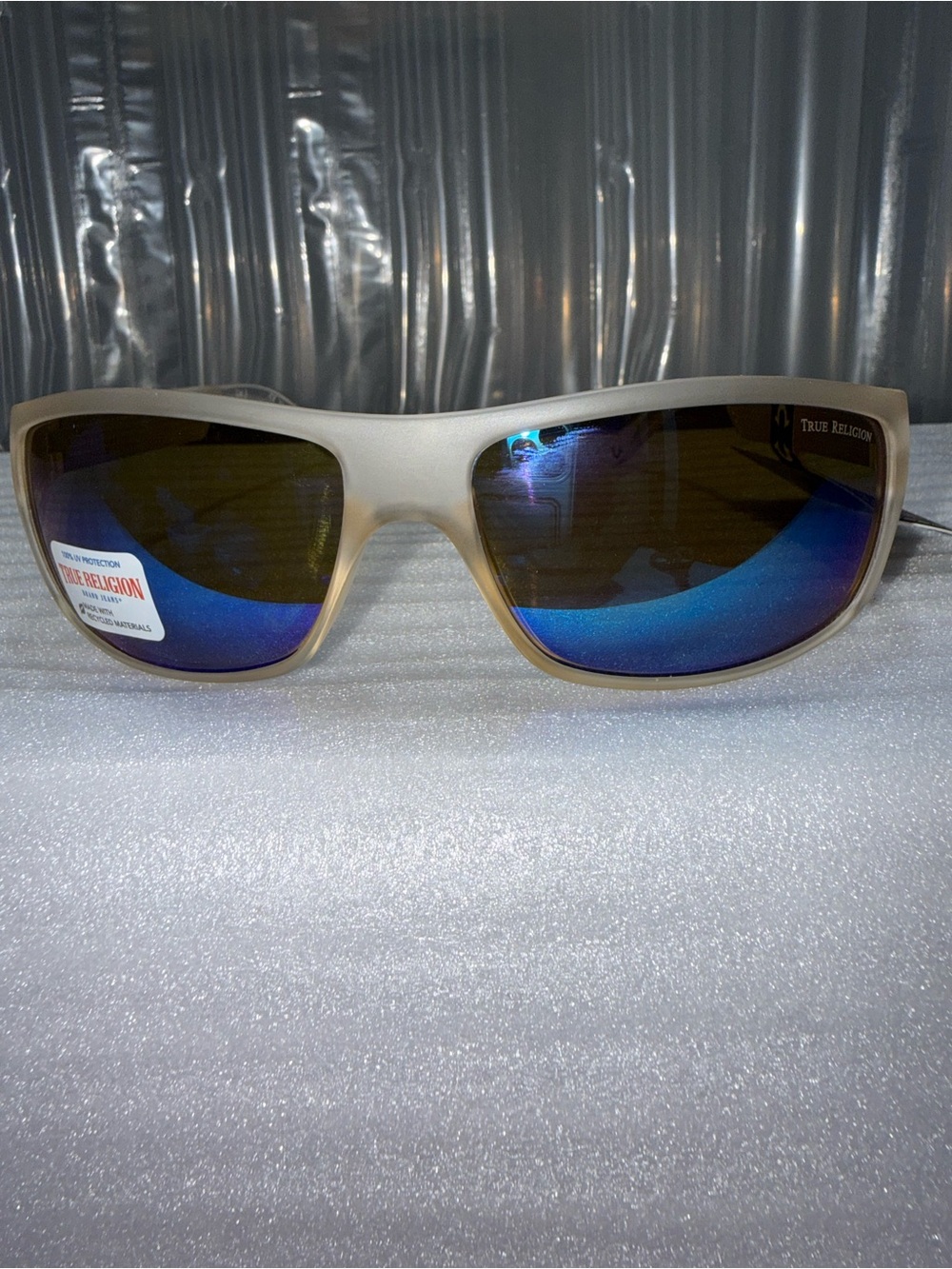 True Religion Men’s Sport Wrap Sunglasses Clear-Off White Blue Mirror-NWT